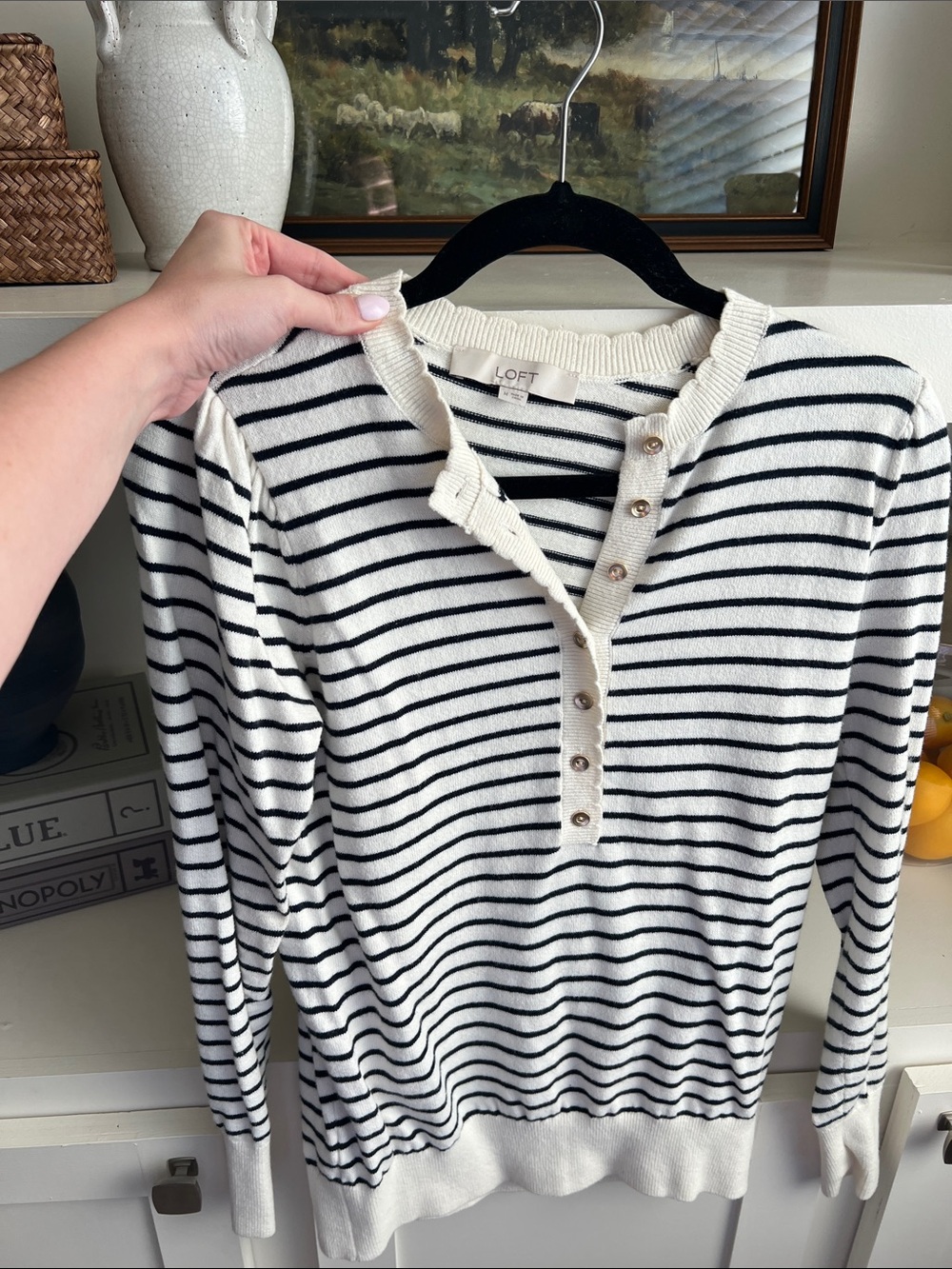 LOFT Black and Cream Striped Long-Sleeve Henley
